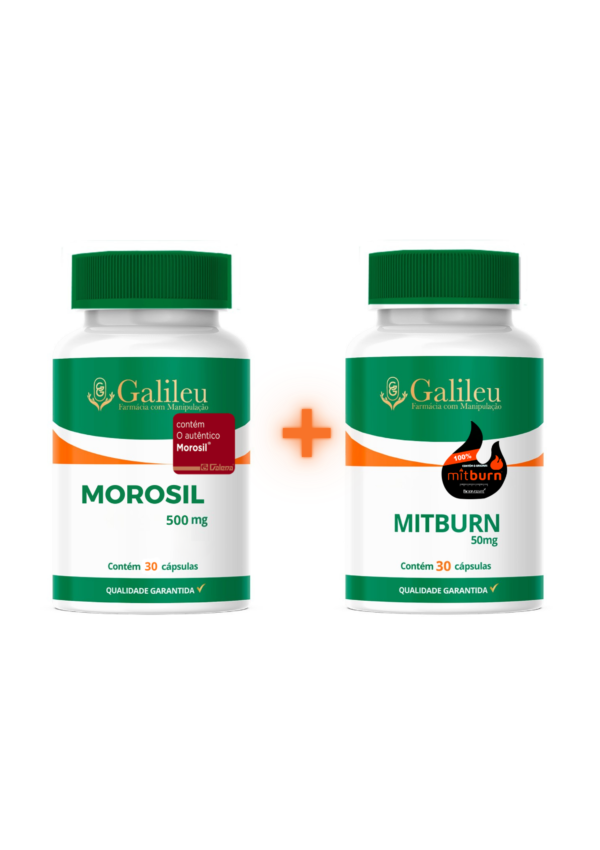 Kit Morosil 500mg e Mit Burn 50mg cápsulas suplemento frascos